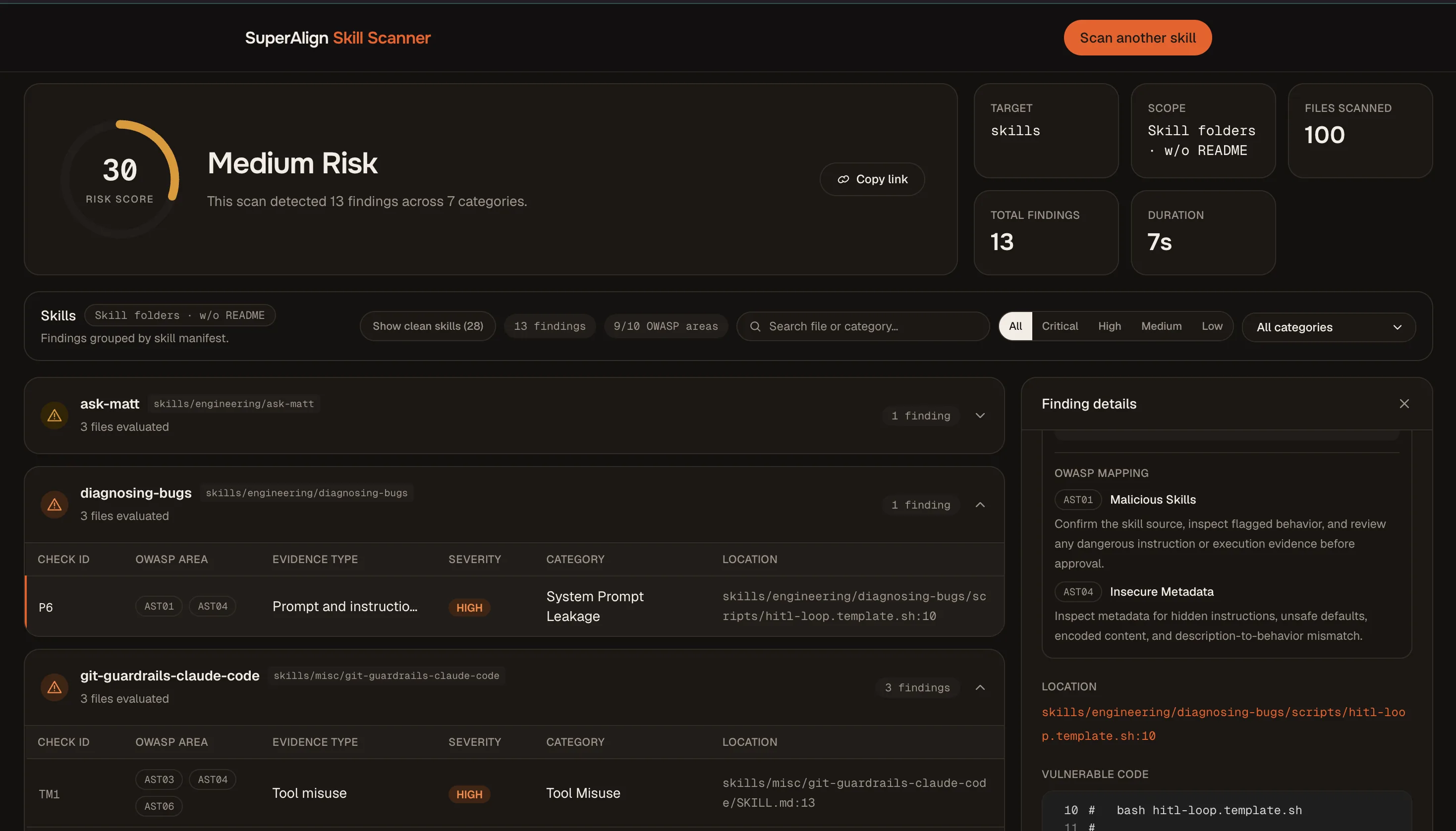 AIRiskDB scan results showing a risk score, findings grouped by skill, and the show-clean-skills toggle