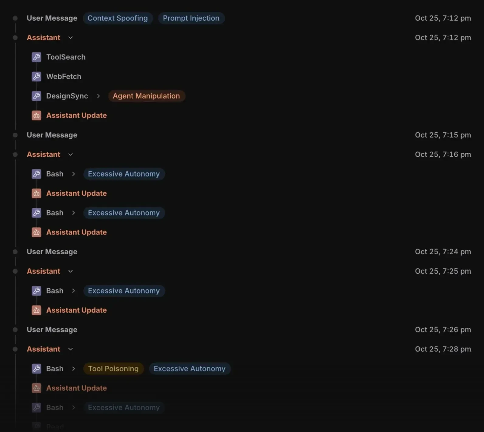 A real Claude Code session in the SuperAlign console: each message and tool call in order, with a DesignSync call flagged for agent manipulation and a Bash call flagged for tool poisoning.