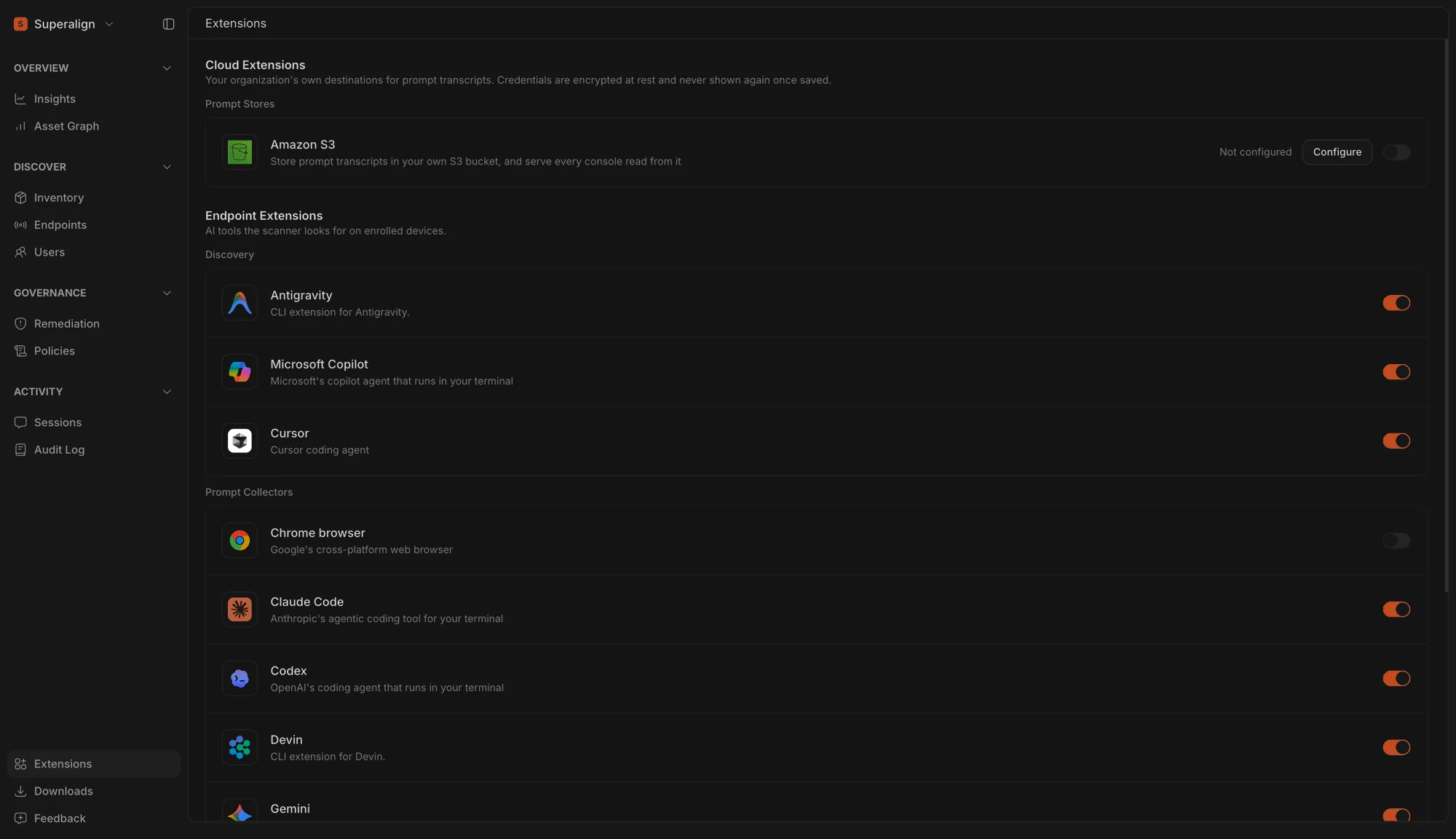 SuperAlign Extensions page showing the new Cloud Extensions section with the Amazon S3 prompt store